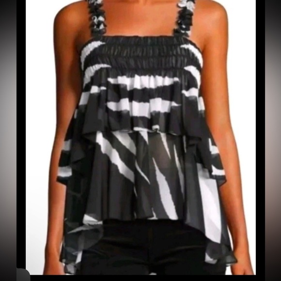 Tory Burch Lucea Animal Stripe Black White Top sz 4 - Picture 2 of 7